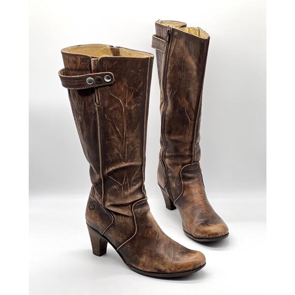 U ROADS Heeled Boots Womens 8 Brown Distressed Leather Knee High Round Toe - Picture 16 of 16